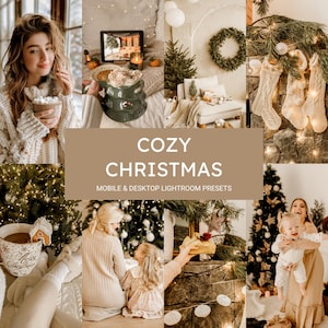 Puede incluir: Un conjunto de ajustes preestablecidos digitales de Lightroom para dispositivos móviles y de escritorio, llamado "Cozy Christmas". Los ajustes preestablecidos están diseñados para crear fotos cálidas y acogedoras con un ambiente festivo. La imagen muestra una variedad de fotos que se han editado con los ajustes preestablecidos, incluida una mujer que sostiene una taza de chocolate caliente, un árbol de Navidad y una sala de estar acogedora.