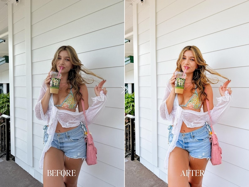 Summer fashion portrait edited using bright airy Lightroom presets with natural skin tones and colorful aesthetic look