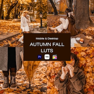 May include: A montage of autumnal images with a warm colour palette. The central image displays the text "AUTUMN FALL LUTS" with "Mobile & Desktop" above. The scenes depict people in fall settings, surrounded by fallen leaves.
