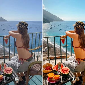 Before and after coastal Lightroom preset transforming ocean balcony scene with vibrant water tones, warm sunlight and Mediterranean travel aesthetic