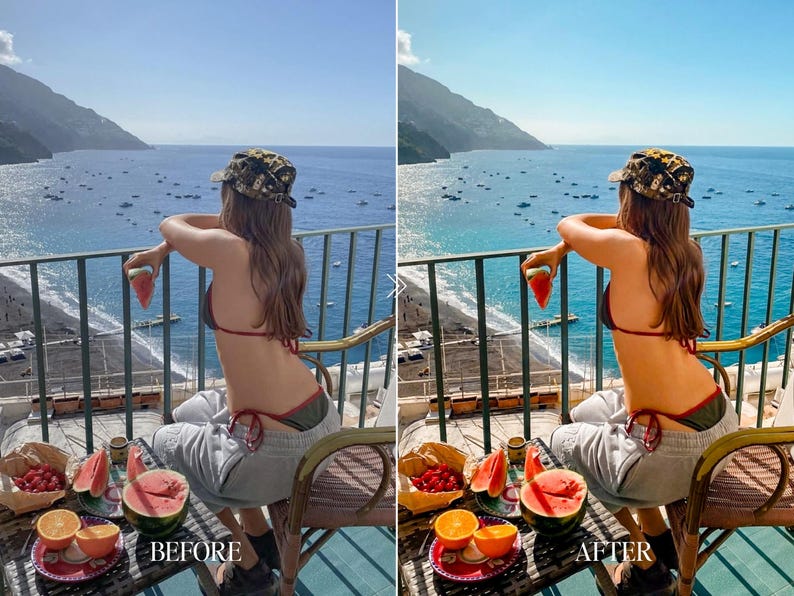 Before and after coastal Lightroom preset transforming ocean balcony scene with vibrant water tones, warm sunlight and Mediterranean travel aesthetic