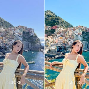 Before and after European Summer Lightroom preset featuring coastal village portrait with vibrant blue water, warm skin tones and luxury travel aesthetic
