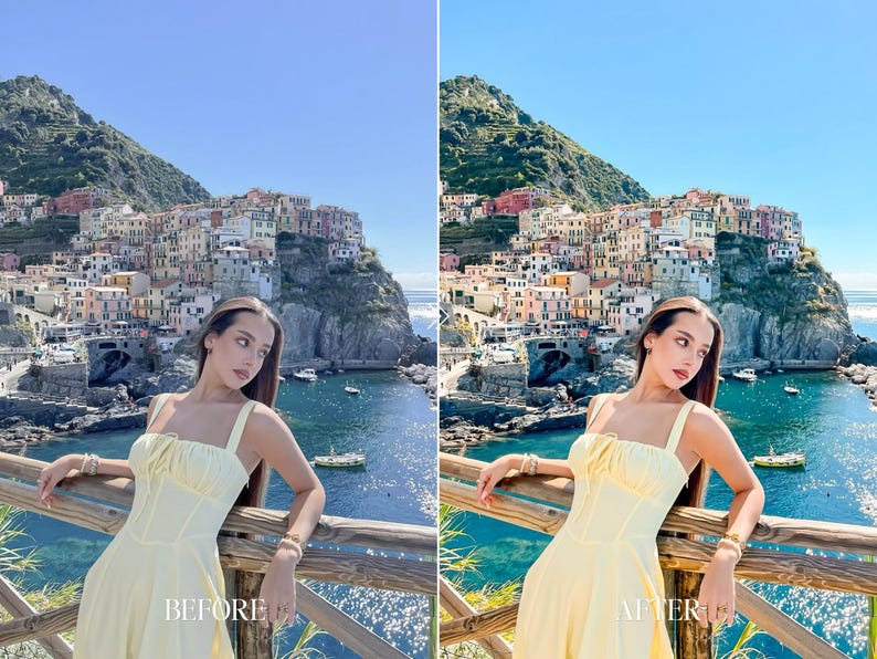 Before and after European Summer Lightroom preset featuring coastal village portrait with vibrant blue water, warm skin tones and luxury travel aesthetic