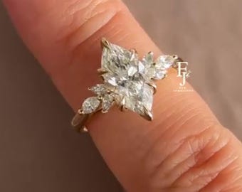 2CT IGI-certifikat Marquise Lab-diamantförlovningsring Gult guld diamanter klusterring Vintage-stil bröllop brudlöfte Kvinnor gåvor