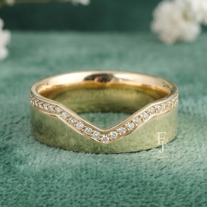 Anillo de boda tipo cigarro con diamantes cultivados en laboratorio y pavé, anillo de compromiso ancho y grueso con diamantes redondos en forma de V, minimalista y único.