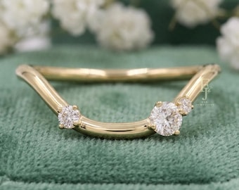 Solid Gold Curved Wedding Band 14k Gold Moissanite Contour Ring Dainty Ring Enhancer 18k Gold Nesting Ring for Solitaire Jewelry Gift Ring