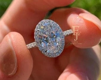 2 carat Oval Halo Moissanite Engagement Ring, Oval Halo Engagement Ring, 14k White Gold Half Eternity Wedding Ring, Anniversary Promise Ring