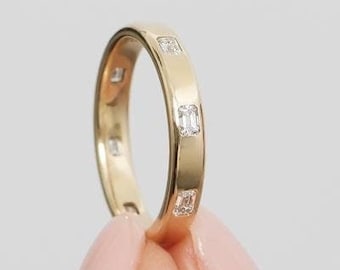 Flush Set Emerald Cut Moissanite Wedding Band Women 14K Gold Stackable Band, 4.00 MM Wide Modern band Full Eternity Anniversary gift