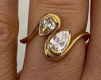 Pear Cut Diamond Toi Et Moi Ring, 1.70 TCW Moissanite Engagement Ring, Unique Bezel Set Wedding Band, Perfect Anniversary Gift