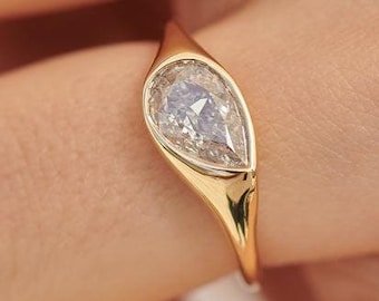 Wide Band Pear Shaped Moissanite Engagement Ring Bezel Set Diamond Ring 14k Solid Gold Pinky Ring Teardrop Diamond Signet Ring Anniversary