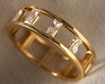 Diamond Eternity Wedding Ring | 14k Solid Gold Baguette Ladder Ring | Vertical Baguette Full Eternity Ring | 5MM 0.5CT Thick Thumb Ring