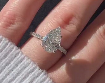 3 CT Pear Cut Moissanite Engagement Ring, 14K/18K Solid Gold, Hidden Halo Ring, Pear Solitaire Ring, Anniversary Ring, Wedding Gift For Her