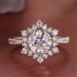 Vintage Snowflake Moissanite Engagement Ring • Floral Halo Ring in White Gold • Unique 2 Carat Round Cut Bridal Ring • Art Deco Inspired