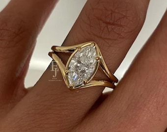 Anillo de compromiso solitario de 1,50 quilates con diamante cultivado en laboratorio y talla marquesa, anillo de propuesta de boda con diamante talla marquesa y brazo dividido, anillo de aniversario de oro macizo de 14k.