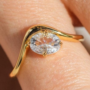 Oval Moissanite Ring 14k Gold, Oval Moissanite Engagement Ring East West Unique Sideway Oval Moissanite Ring, Gift For Her