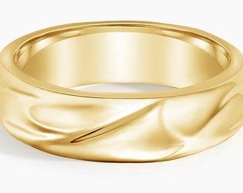 14K Yellow Gold Wedding Band, Unique Textured Wave Design, Men&#39;s Wedding Ring for Him, Perfect Anniversary Gift