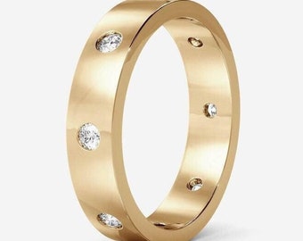 Flush Set Diamond Band, Dainty 14k Gold Diamond Wedding Ring for Women, Perfect Stacking Ring & Anniversary Gift