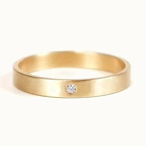 Flush Set Round Cut Solitaire Diamond Wedding Band,Classic Men&#39;s Wedding Band, 14K Yellow Gold Stacking Band, Daily Wear Band, Matching Band