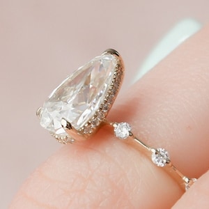 2 carat pear cut moissanite engagement ring rose gold / 3 prong setting / micro pave diamond / 10x7 mm pear cut & diamond hidden halo ring
