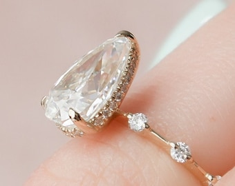 2 carat pear cut moissanite engagement ring rose gold / 3 prong setting / micro pave diamond / 10x7 mm pear cut & diamond hidden halo ring