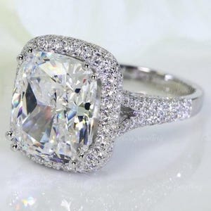 5 Ct Moissanite Cushion Cut Ring | Engagement Ring | Micro Pave Hidden Halo 4 Claw Prong Ring | Perfect Anniversary Gift | White Gold Ring |