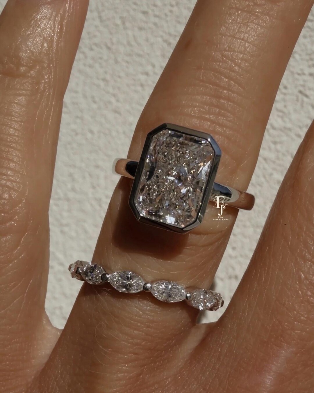 Radiant Cut Lab Grown Diamond Bridal Ring Set Solid Gold Bezel ...