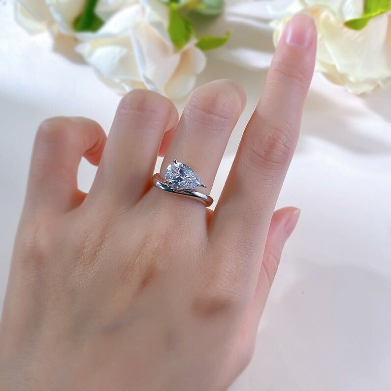 2.00 CT Pear Moissanite Ring | Monolith Ring | 14k White Gold Ring | Moissanite Engagement Ring | East West Unique Ring | Sideway Pear Ring