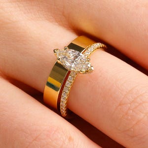 14K Yellow Gold Engagement Ring | Oval Cut Moissanite Ring Set | Oval Solitaire Ring With Matching plain Wedding Band | Bridal Gold Ring Set