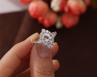1.5 Carat Oval Cut Moissanite Diamond Floral Halo Engagement Ring with 0.70 CT Side Stones