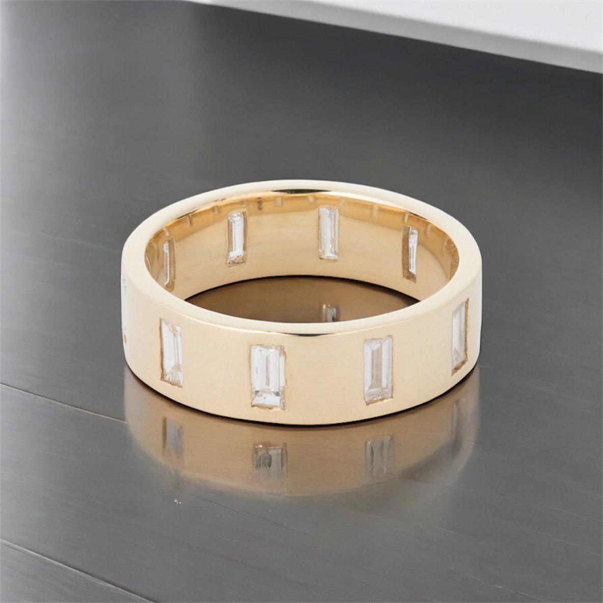 Baguette Diamond Bezel Cigar Ring 14K Gold Wide Band Wedding Engagement Ring Stackable Gold Ring Everyday Diamond Ring Valentine day Gift