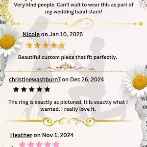 May include: Five-star reviews for a jewelry store. The reviews highlight the excellent customer service, beautiful custom pieces, and the sparkle of the jewelry.