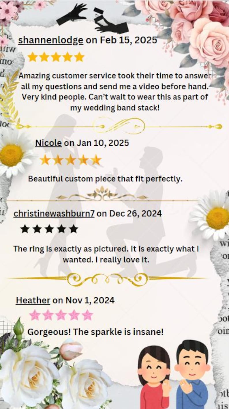 May include: Five-star reviews for a jewelry store. The reviews highlight the excellent customer service, beautiful custom pieces, and the sparkle of the jewelry.