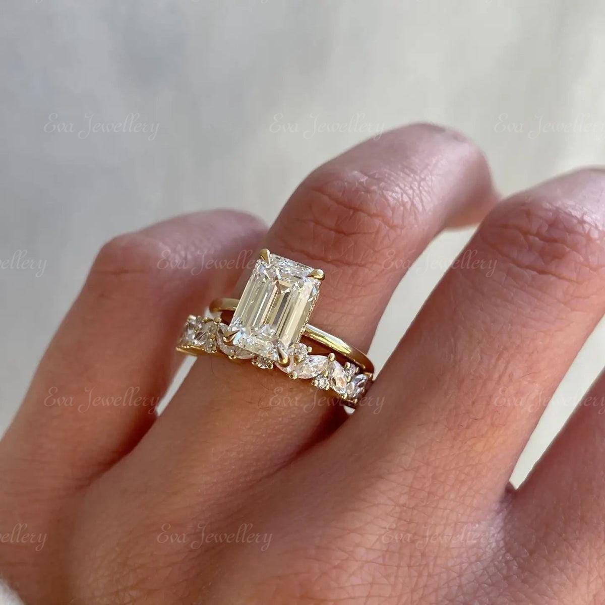 Elongated CT Emerald Moissanite Engagement Ring Set Art Deco
