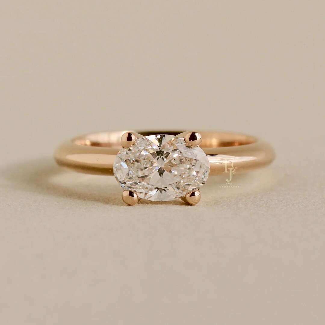14k Yellow Gold East West Oval Lab Grown Diamond Ring, Euro Shank Ring ...