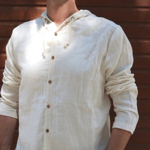 Men&#39;s Cream Muslin Hoodie: Long Sleeve Organic Cotton Shirt