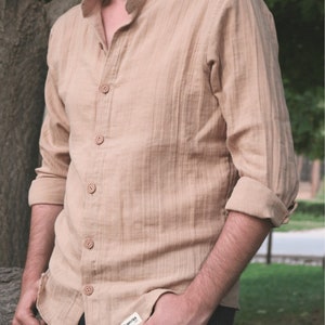 Linen Shirt for Men Beige, Müslin Fabric Summer Shirt, Classic Linen Shirt with Buttons, 100% Cotton Men Shirt, Gifts for Men