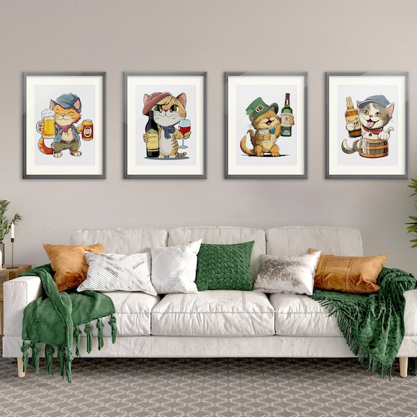 Cats Drinking Wall Art Set - Cartoon Illustration of Cats with Alcohol (IPA, Caymus, Jameson, Yamasaki) - Printable Digital Download