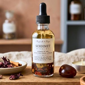 May include: A clear glass dropper bottle filled with golden ritual oil containing botanical pieces. The label reads Magick & Sage SEKHMET RITUAL OIL GODDESS OF WAR, DESTRUCTION, PLAGUE, & HEALING. It sits on a wooden board with dried hibiscus and cinnamon.