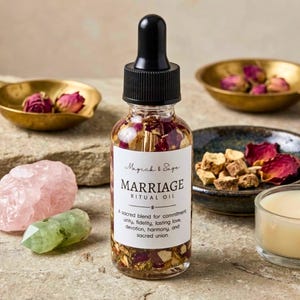 May include: A clear glass dropper bottle filled with oil and dried flower petals. The white label reads Magick & Sage MARRIAGE RITUAL OIL. A sacred blend for commitment, unity, fidelity, lasting love, devotion, harmony, and sacred union.