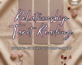 May include: A tarot reading setup with six gray cards arranged on a beige cloth. The words "Relationship Tarot Reading" are written in a cursive font. Rose quartz crystals, dried flower petals, and a lit candle are also present.