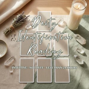 May include: Eight rectangular cards with beige backs arranged in a grid, accompanied by a bundle of dried lavender, a white pillar candle, and several clear quartz crystals. The text reads: Deity Identification Reading, INTUITIVE - NO FLUFF - LESS THAN 24-HOURS.