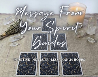 May include: Six rectangular tarot cards with a dark blue and gold celestial pattern featuring moons and stars, arranged in a spread. A lit candle in a glass jar, a bundle of dried lavender, and several clear quartz crystals surround the cards.