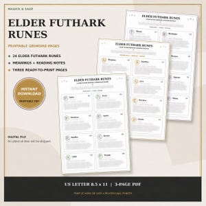 May include: Three printable grimoire pages featuring Elder Futhark runes with meanings and reading notes. The digital file includes 24 runes across three pages, labeled as US Letter 8.5 x 11 inches. The text includes Magick & Sage, Elder Futhark Runes, and Instant Download.