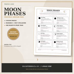 May include: A digital printable grimoire page titled Moon Phases, featuring a guide to the lunar cycle with eight moon phase icons and descriptive text. The document is formatted as a US Letter 8.5 x 11 inch PDF with a beige and black color scheme.