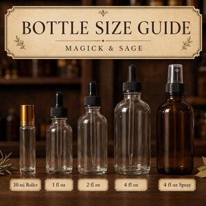 a collection of five glass bottles of varying sizes, arranged on a wooden surface. Above the bottles, there is a title that reads "BOTTLE SIZE GUIDE MAGICK & SAGE".