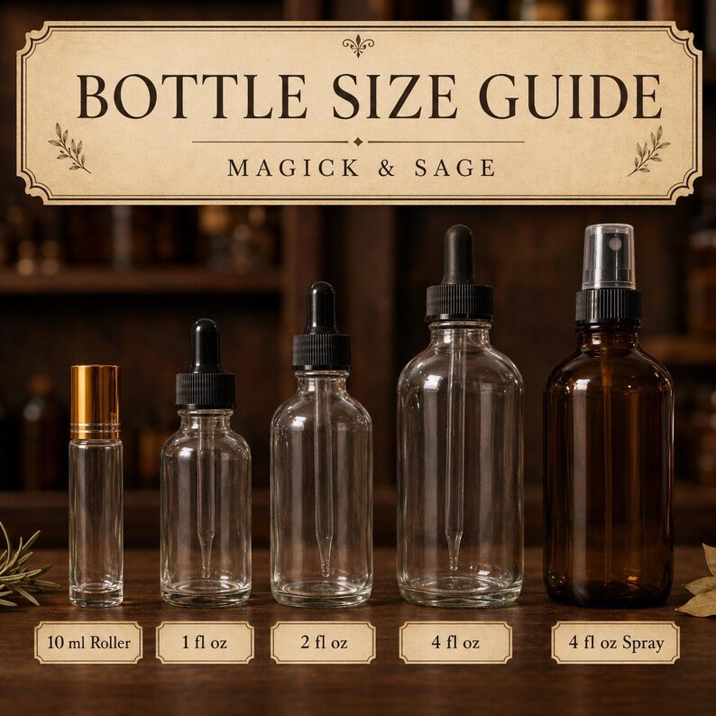 a collection of five glass bottles of varying sizes, arranged on a wooden surface. Above the bottles, there is a title that reads "BOTTLE SIZE GUIDE MAGICK & SAGE".