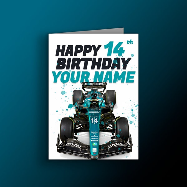 Fernando Alonso Aston Martin F1 Birthday Card | Formula 1 Birthday Card Personalise with Age and Name | Fernando Alonso Birthday Card