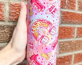 May include: Pink and white tumbler with a glittery finish. The tumbler features a repeating pattern of cowboy hats, boots, stars, and the text "Girl Power" and "Let's Go Cowgirls".