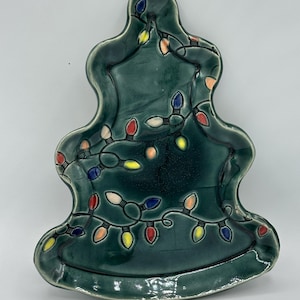 Handmade Christmas Tree Plate - Festive Green with Colorful Lights - 9x6 Inches