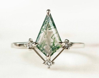 Natural Moss Agate Ring, 925 Sterling Silver Ring, Silver Jewelry, Moss Agate Jewelry, Green Moss Agate Ring, Kite Shape Ring, Gift For Her